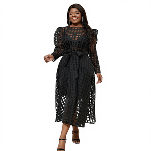 Vestido de cóctel sexy de verano para mujer, de manga larga, corte en A, a cuadros, con cuello redondo, fajas, transpirable, ecológico, lavable, de poliéster/algodón - Product Image 4