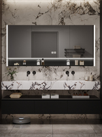 Meuble-lavabo mural moderne avec vasque, miroir intelligent et plan de travail en bois massif – Personnalisable pour appartement
