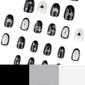 Puntas de Uñas Artificiales Cortas en Forma de Almendra, Uñas de Colores Pastel, <span class=keywords><strong>Manicura</strong></span> <span class=keywords><strong>con</strong></span> Temática Negra, Diseños de Moños y Corazones - Product Image 5