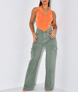 Pantalones vaqueros informales con múltiples bolsillos para <span class=keywords><strong>mujer</strong></span>, Pantalón Cargo de cintura alta, de pierna ancha con cremallera, gran oferta - Product Image 2