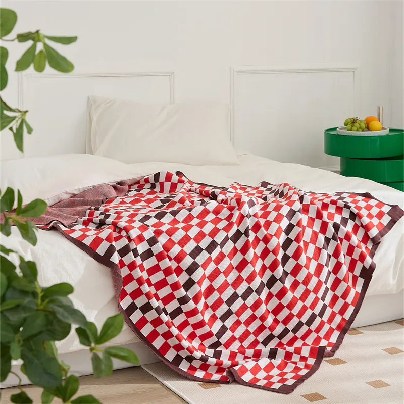 Couverture tricotée en coton 100%, motif damier, vente en gros, personnalisée