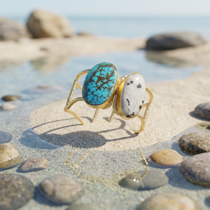 Vintage Gold Plated Brass Cuff Bracelet and Bangles with <b>Turquoise</b> White Stone Bezel Setting Bohemia Style Unisex Party Jewelry - Product Image 1
