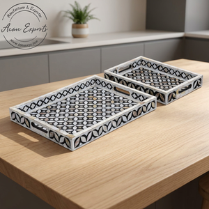 Handmade Black & White Floral Bone Inlay <b>Tray</b> <b>With</b> <b>Handles</b> Stylish Decorative Serving <b>Tray</b> for Home Kitchen Table Display - Product Image 1