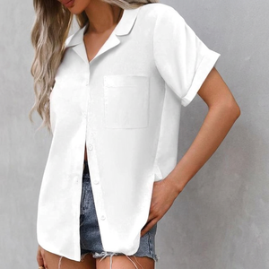 Blusas Casuales de Lino y Algodón para Mujer 2025, Manga Corta, Cierre de Botones, Estilo Veraniego, Suaves y a la Moda, con Bolsillo Bordado, Talla XL, B0FHW4MLLH - Product Image 2
