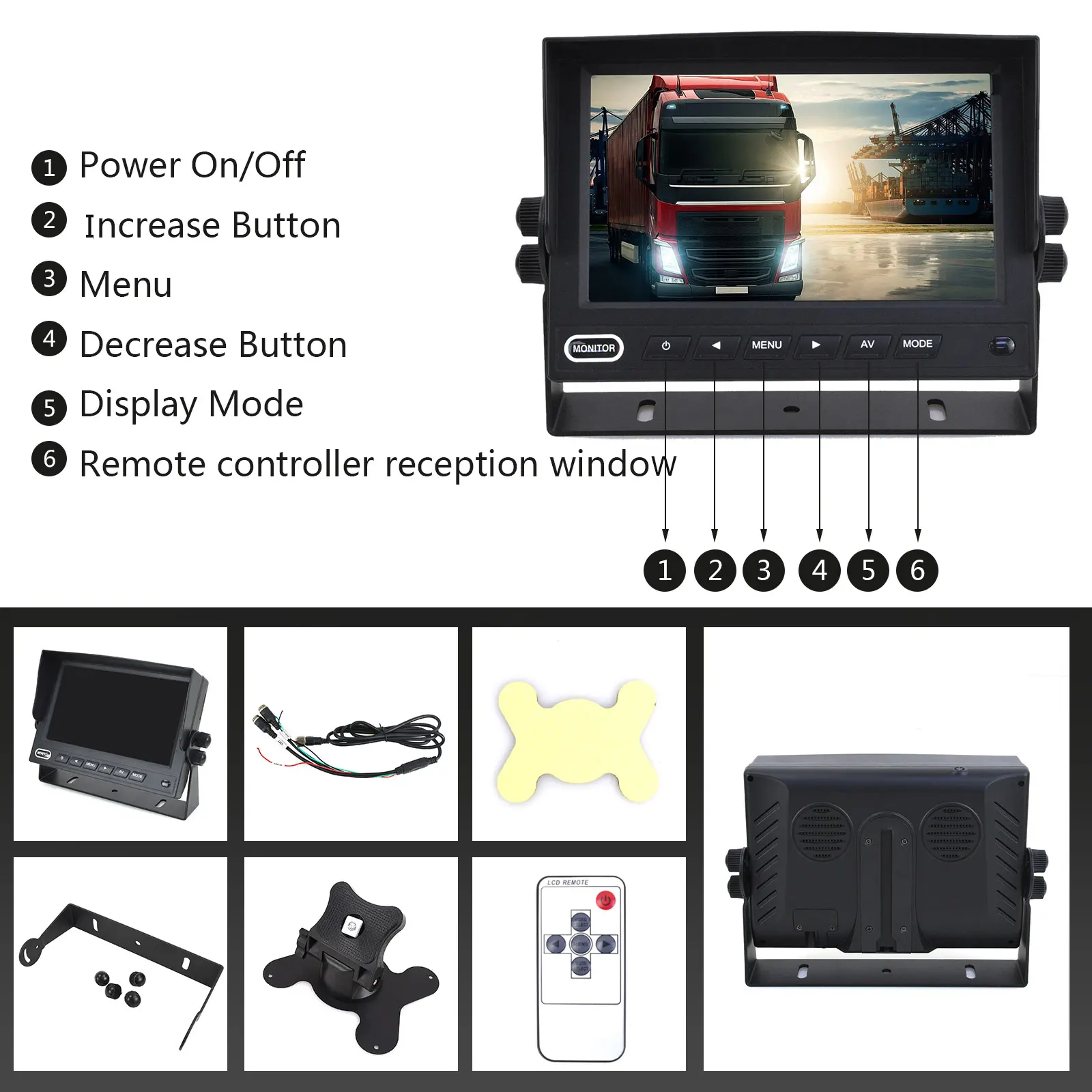 1024X600 7 Inch IPS Car Monitor 4CH Quad Split Screen Monitor AHD Input Truck Bus Rear View Monitor for Truck RV Trailer Van Bus