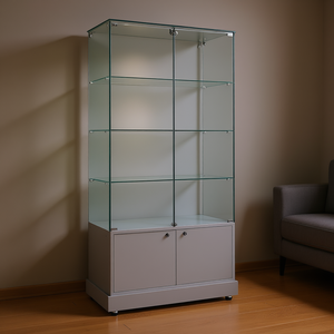 Hega Display Cabinet 93x46x180 Cm Tempered Glass <b>Hinged</b> Lockable Doors <b>Light</b> Grey Base With Castors - Product Image 3