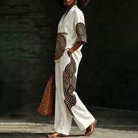 Ensemble décontracté 2 pièces - Blouse à col en V et manches courtes, pantalon ample taille haute à jambes larges avec poches, couleur contrastante, taille élastique