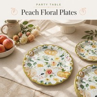 Assiettes en papier à motif floral pêche, bord festonné doré aquarelle, assiettes rondes jetables pour fête