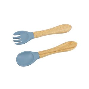 Juego de tenedor y cuchara para alimentación de bebés, mango de madera, silicona, sin Bpa, 0-12 meses, utensilios de vajilla de color sólido - Product Image 5