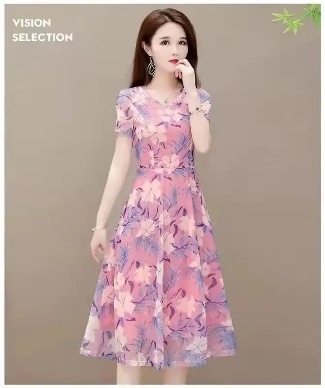 New Arrival Summer Promotion Women Clothing Floral Printing A- Line Dress Short Sleeved Midi Girl'S Dress