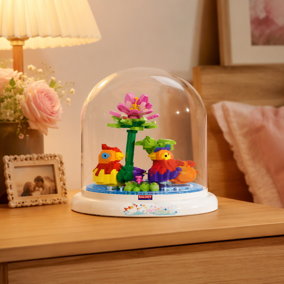 Plastic Translucent Building Blocks 935PCS Mandarin Ducks Lotus Building Blocks in Clear Display Dome Box ...