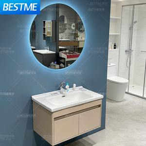 Meuble-lavabo moderne à l'abricot en acier inoxydable, peinture cuite au four, lavabo en céramique à tiroir unique, armoire principale, miroir intelligent et éclairé - Product Image 4