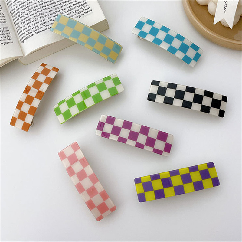 Модные заколки карамельных цветов из ацетата и пластика, геометрические прямоугольные заколки для волос для женщин, милые заколки для волос в клетку с шахматным узором
