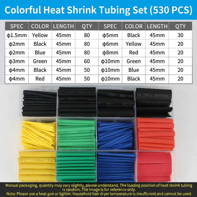 530Pcs Heat Shrink Tubing Kit 2 1 Shrink Ratio 600V 12 Sizes Insulated Heat Shrink Tube for Wire Cable Insulation Repair