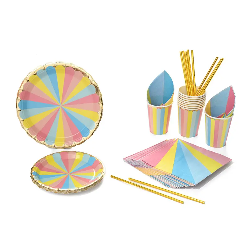 Mesa de postre Mantel desechable Plato de decoración de fiesta de cumpleaños para niños Vajilla colorida para pasteles Decoración de escena
