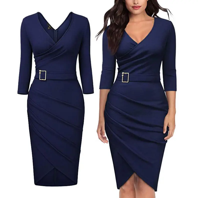 Latest Design V Neck Solid Three Quarter Sleeve Sashes Bodycon Dress Women Lady Elegant Stylish Sexy Dresses