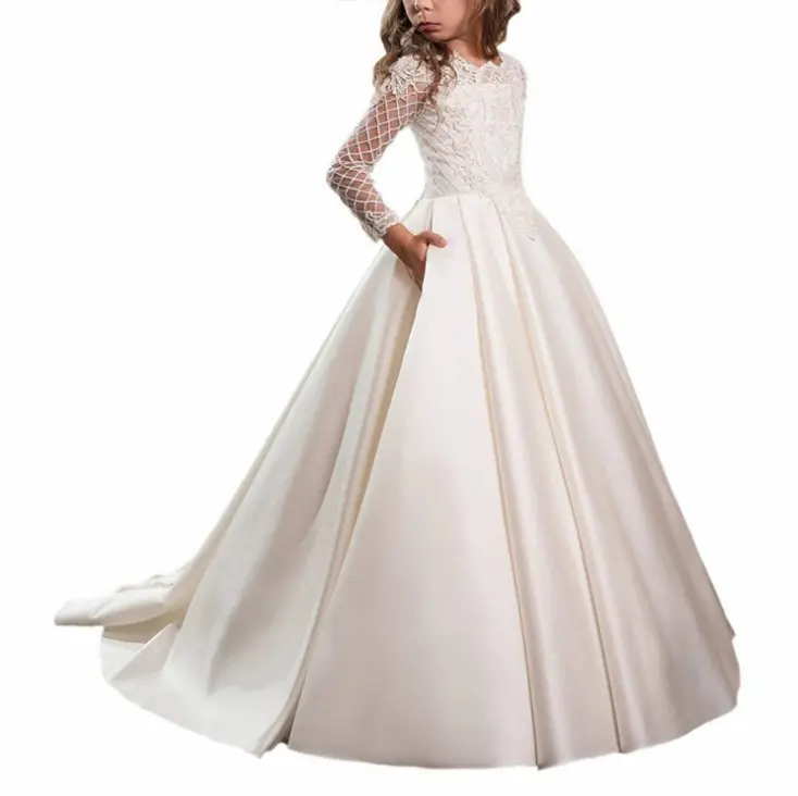 Kids Satin Flower Girls Dresses Lace Long Sleeves Fashion Show Pageant Gowns For Little Girl