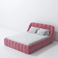 Lit double pour enfants et adultes avec tête de lit rembourrée en tissu velours rose de style européen de luxe léger