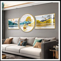 Tableau mural paysage de montagne en trois parties, panneaux en aluminium cristal doré et bleu pour salon, hôtel, intérieurs modernes