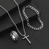 Ensemble de bijoux 3 pièces tendance Hip Hop : Collier pendentif croix, bracelet et bague pour stockage en magasin d'accessoires