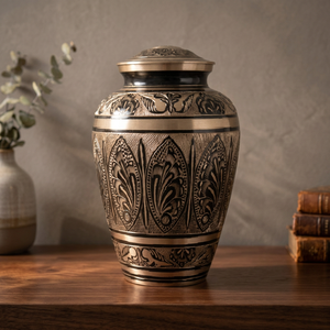 Indian Home <b>Crafts</b> Metal Cremation Urn Handmade Engraved Gold 220 Cubic Inch Customizable Tabletop Memorial Vase <b>Adult</b> 3-Year - Product Image 1