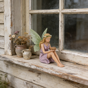 Incantevole Statua di Fata Viola, Statuetta di Fata con Ali Verdi per Paesaggi Esterni, Scultura Magica di Ragazza della Foresta per Decorazioni Domestiche - Product Image 5