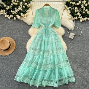 Robes longues à la mode pour femmes, à col à revers, manches courtes, taille haute, patchwork, avec lacets - Product Image 2