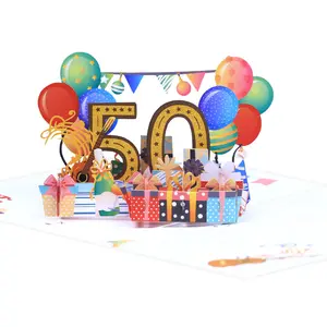 100 번째 60 번째 최신 디자인 생일 축하 선물 풍선 색종이 조각 3D 팝업 인사말 카드 음악 및 가벼운 생일 3D 팝업 카드