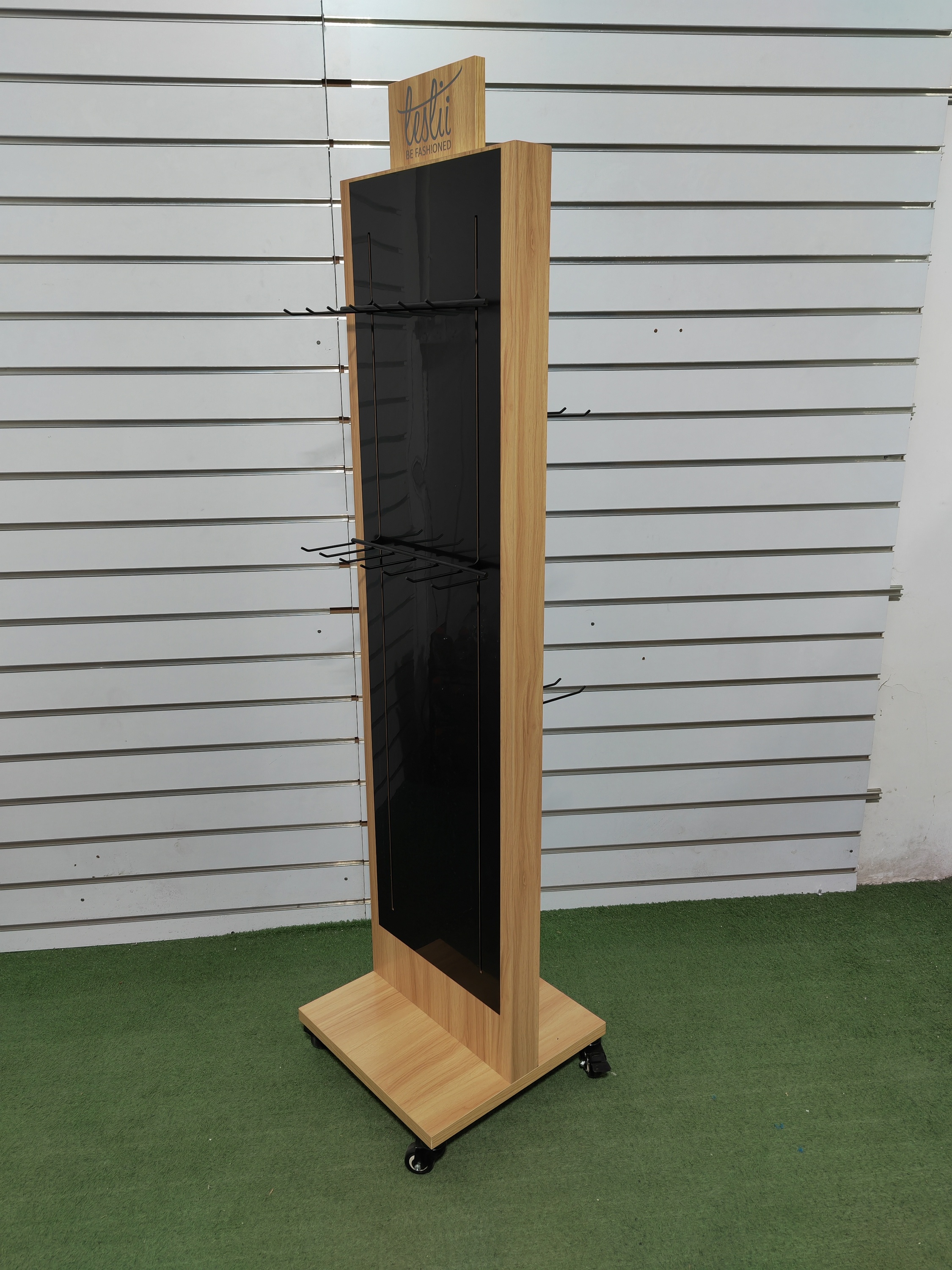 Jewelry & Headgear Display Stand Wooden Double-side Metal Hooks Floor Standing Shelf Custom Logo for Advertising Retail Shops — view 3
