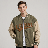 Blouson universitaire personnalisé pour homme en daim vert olive, style color block, à boutons-pression, à rayures côtelées, vintage, type baseball, vente en gros