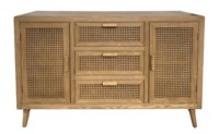 Buffet à 3 tiroirs et 2 portes en bois naturel avec décorations en rotin, style mid-century modern, pour le salon ou la salle à manger