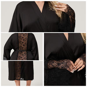 Bata de Dormir de Satén y Chifón para Mujer, Estilo Sencillo y Elegante con Ribete de Encaje, Manga Larga, Talla Grande, Ropa de Estar Suave - Product Image 4