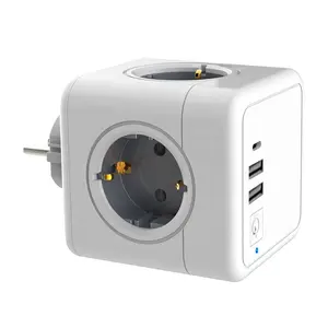 2024 New European standard power cube socket with 4 EU Outlets 2 USB 1 Type C and switch