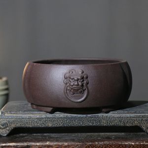 Purple Clay Flower Pot <b>Handmade</b> Round Antique Style Small Bonsai Pot Chinese Ancient Design Desktop Plant Container - Product Image 3