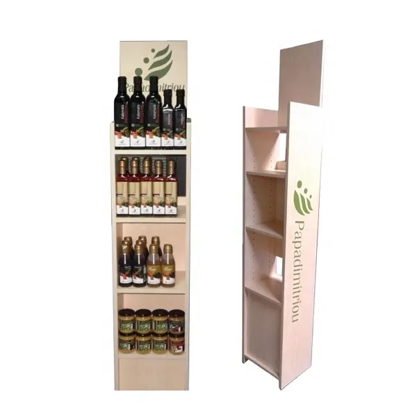 Custom Retail Winkel 4-Tier Vrijstaande Houten Wijn Display Plank Stand Rack