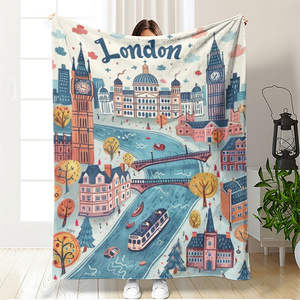 Couverture en flanelle à motif de paysage urbain de dessin animé, couverture de sieste réversible douce pour la peau, pour la maison et le bureau, impression personnalisée OEM ODM - Product Image 1