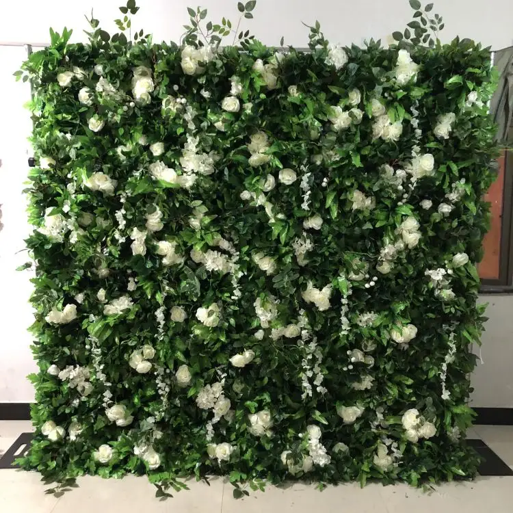 2024 Schlussverkauf 8 x 8 3D grüne Blumenwand Roll-Up-Vorhang weiße Rose mit grünem Blatt-Blumenwandpaneel Kulisse Hochzeitsdekoration