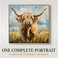 Impression murale Vache des Highlands, portrait de bovins à poils longs pour salon, ferme, bureau, hôtel, intérieurs rustiques et modernes