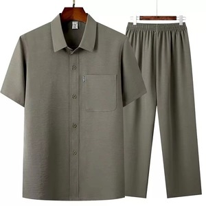 Camicia a maniche corte da uomo + pantaloni lunghi vestiti estivi con bottone con risvolto tinta unita 2 pezzi Set Casual da uomo traspirante - Product Image 3