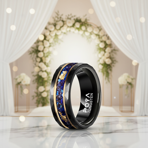 POYA 8mm ブラックタングステンリング ゴールドストライプ ハンマード加工 ギャラクシーストーン＆ゴールド箔象嵌 プロミスリング 結婚指輪 カップル向け - Product Image 3