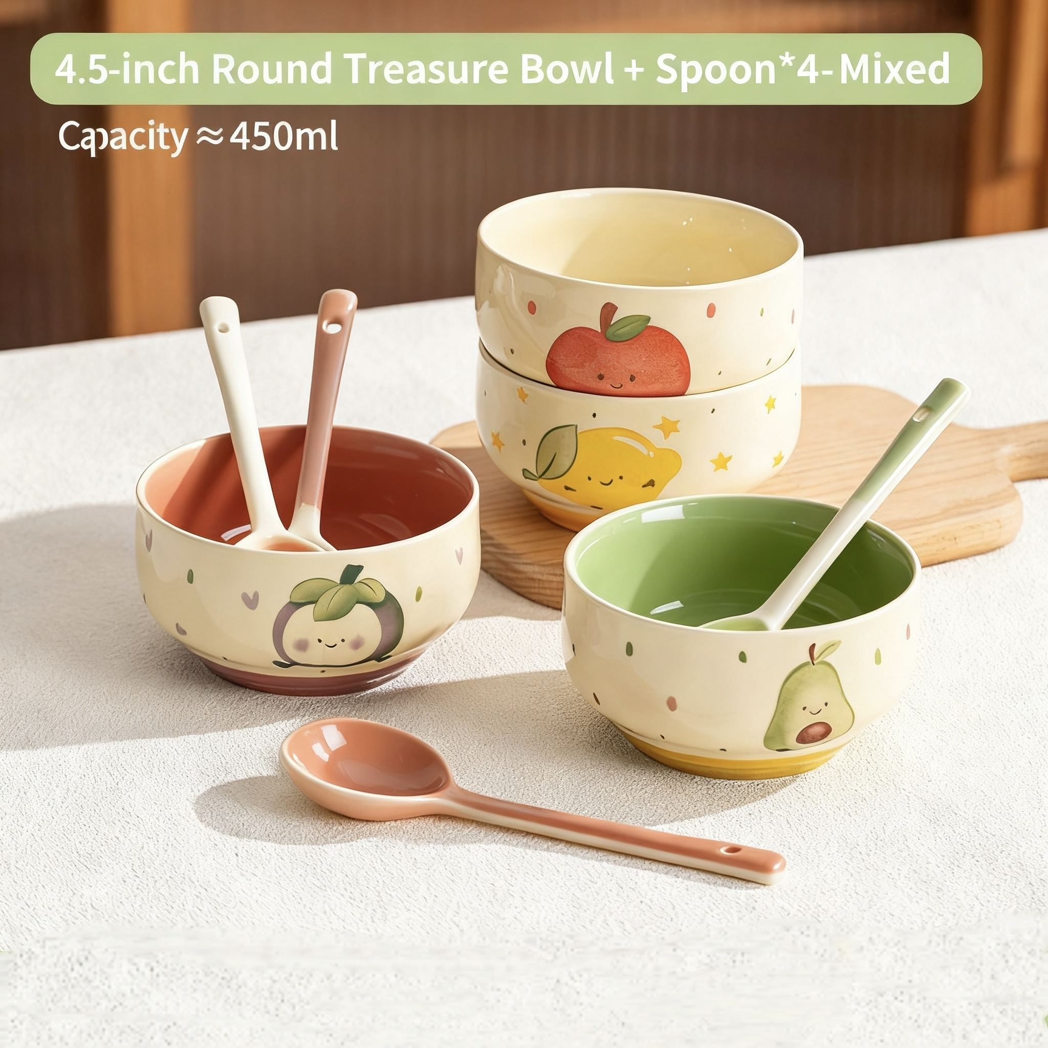 yuanbao bowl + twist spoon-yellow glaze 4 colors mixed