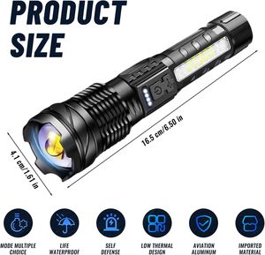 ไฟฉายยุทธวิธีแบบพกพาอเนกประสงค์ สว่างที่สุด ใช้หลอดไฟ LED COB ความสว่างสูง ชาร์จซ้ำได้ - Product Image 5
