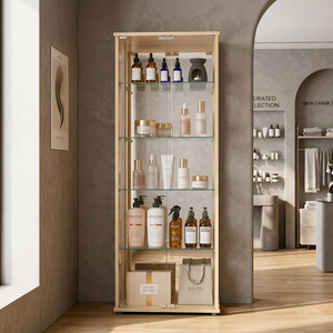 Modern High Quality Wooden Display Cabinet Glass <b>Shelves</b> Doors for Cosmetic Shops Retail Light Brown <b>Mirror</b> Back Cubical Etagere - Product Image 2