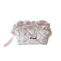 Sac de rangement Kawaii pour fille, grande capacité, avec ruban et dentelle, sac de toilette mignon et moelleux pour femmes, pour le maquillage