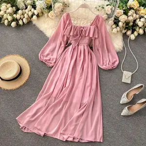 Wholesale 2022 Womens Fashion Holiday Dresses Red Pink Green Off Shoulder Smocked Waist Chiffon Casual Midi Dresses for Women