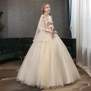 Off Shoulder Champagne Color Long Evening Gown Women's Stage Performance Dress With Puffy Skirt For Vocal Arts Choir Folk Songs - Product Image 4