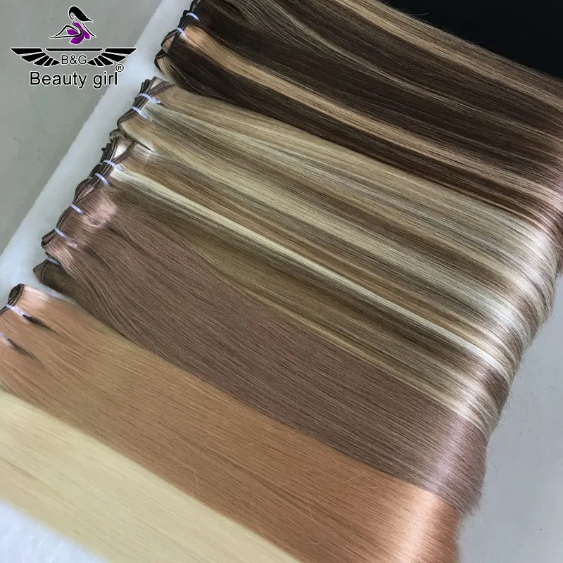 Free shipping luxury remy human hair weave blonde balayage double draw flat genius weft hair extensions with beads