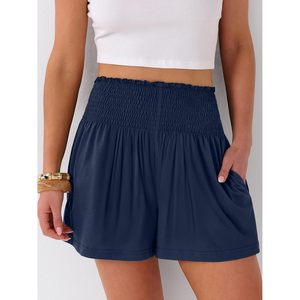 ANRABESS Women's High Waisted Smocked Shorts Breathable Polyester Summer Casual Lounge Beach Wear With <b>Pockets</b> - Product Image 5