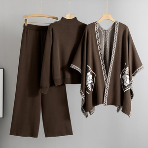 Ensemble tricoté automne-hiver, <span class=keywords><strong>cape</strong></span> jacquard, haut à col rond, pantalon large décontracté, ensemble trois pièces, tenue pull pour femme - Product Image 1