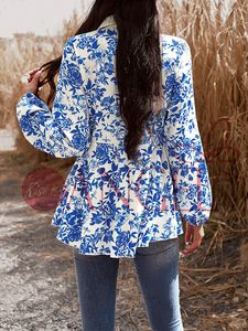 Blusa feminina de manga longa casual com decote em V e botão de linha única KISS ME ANGEL moda fresca azul - Product Image 5